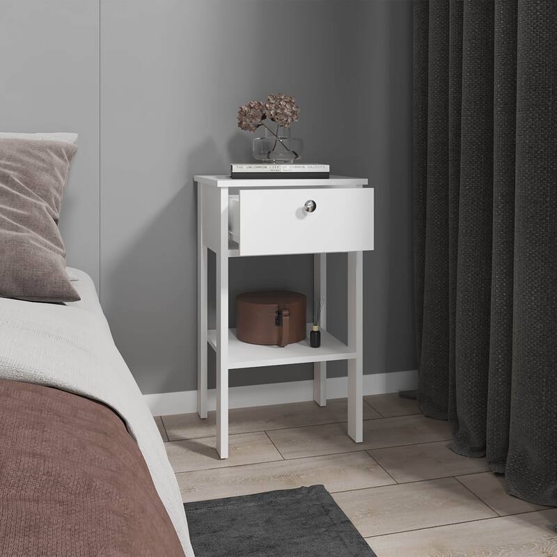 Compact White Nightstand with 1 Drawer, Open Shelf and 4 Sturdy Legs