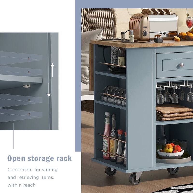 47" Modern Kitchen Cart with Electrical Outlet, Rubberwood Kitchen Island with Drop Leaf and Adjustable Storage Cabinet