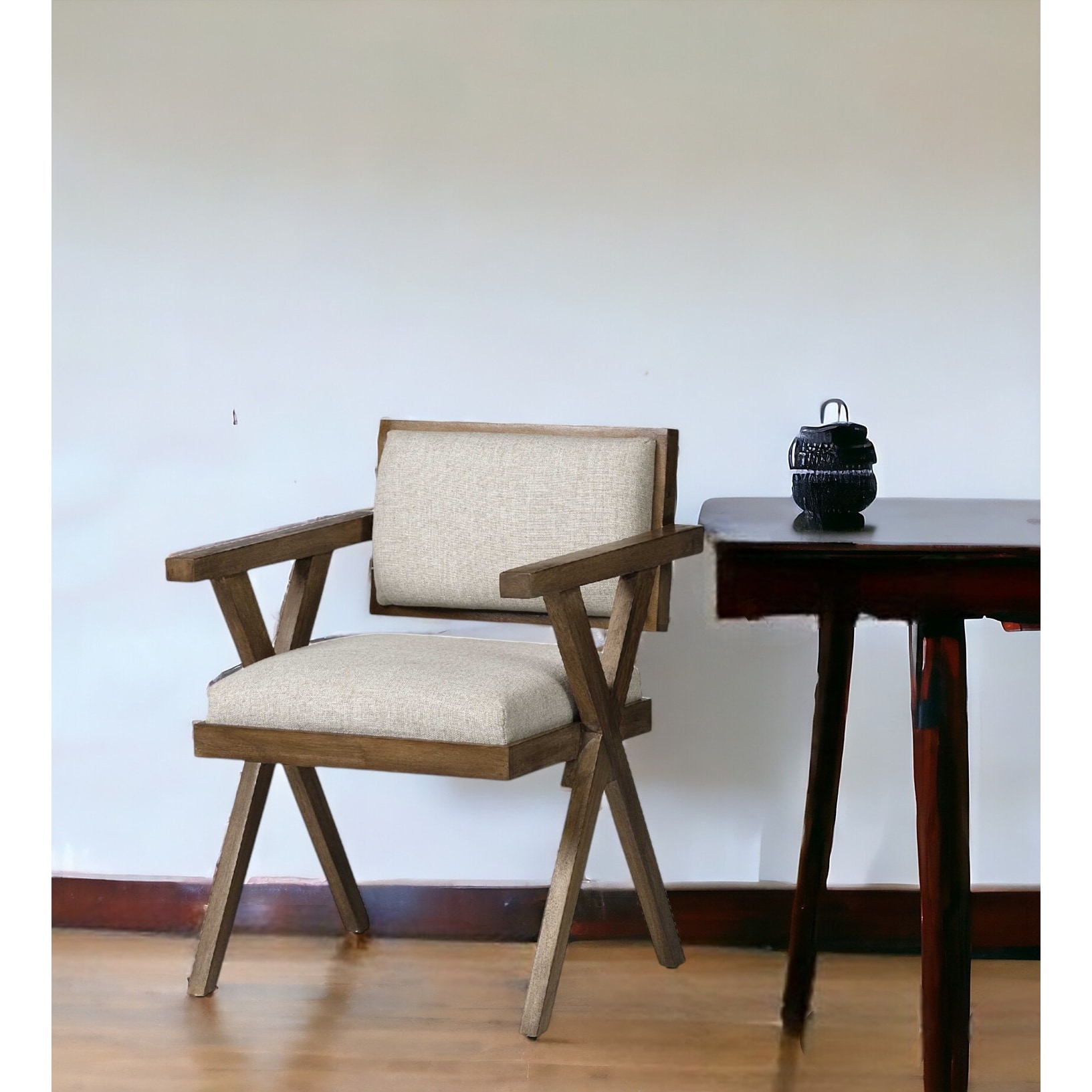 HomeRoots Cream And Brown Upholstered Fabric Open Back Dining Arm Chair