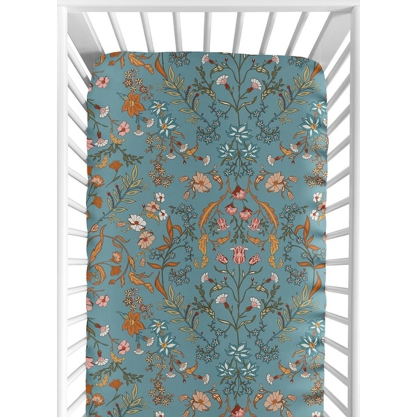 Boho Wildflower Vintage Floral Girl Fitted Crib Sheet Turquoise Orange