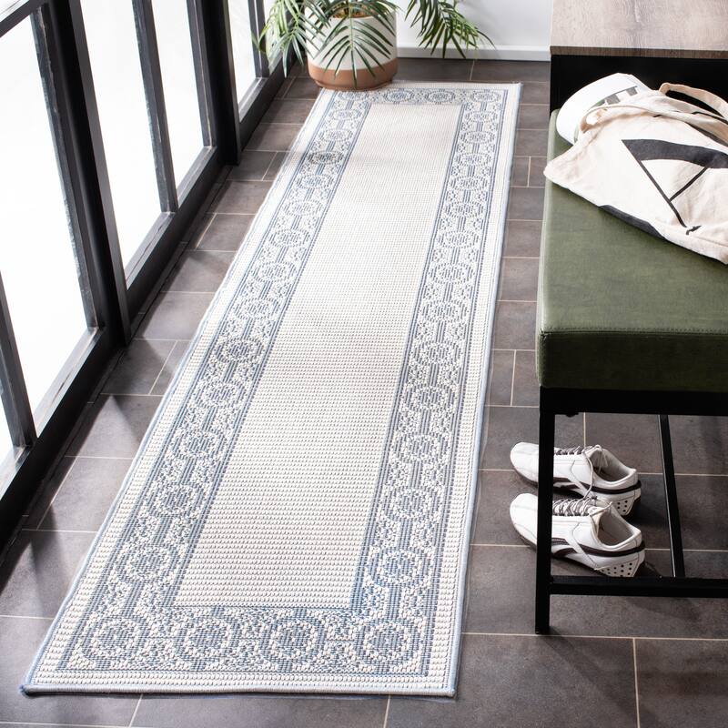 SAFAVIEH Bermuda Washable Aliete Indoor/ Outdoor Waterproof Rug - 2' x 8' Runner - Ivory/Light Blue