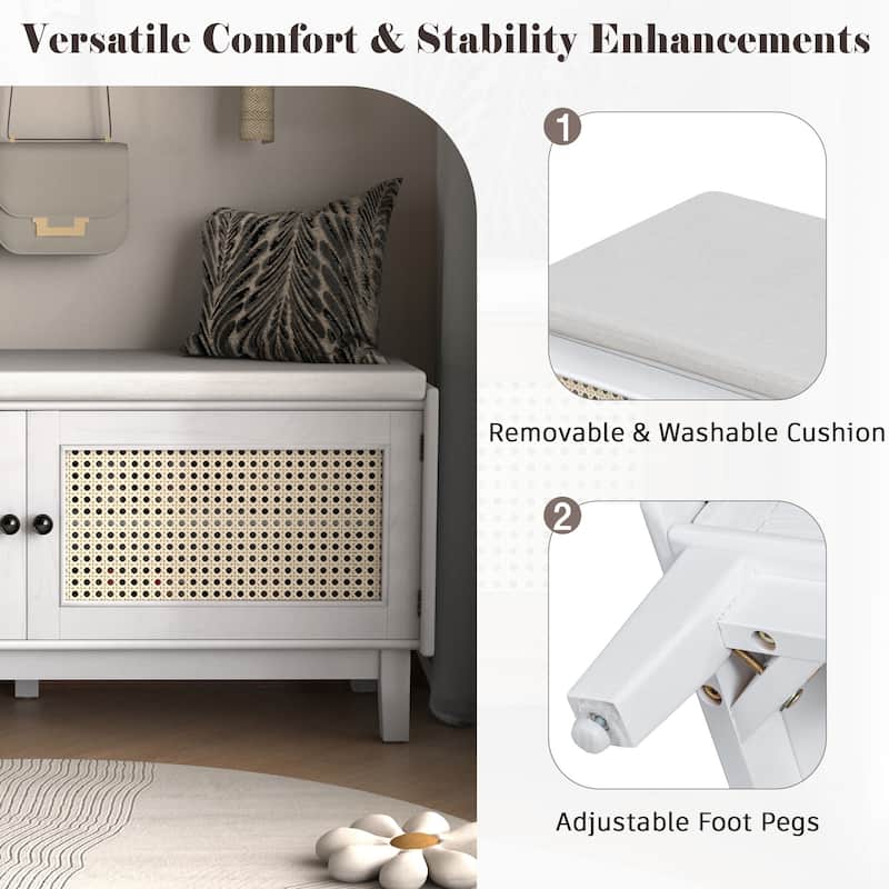 Rattan Entryway Bench with Storage, Cushioned Shoe Bench with Double Doors, Wooden Shoe Organizer Bench for Entryway
