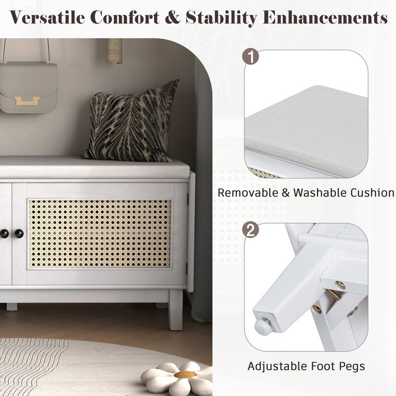 Roomfitters Entryway Storage Bench, Boho Rattan Cabinet, Hallway Organizer Seat with Cushion