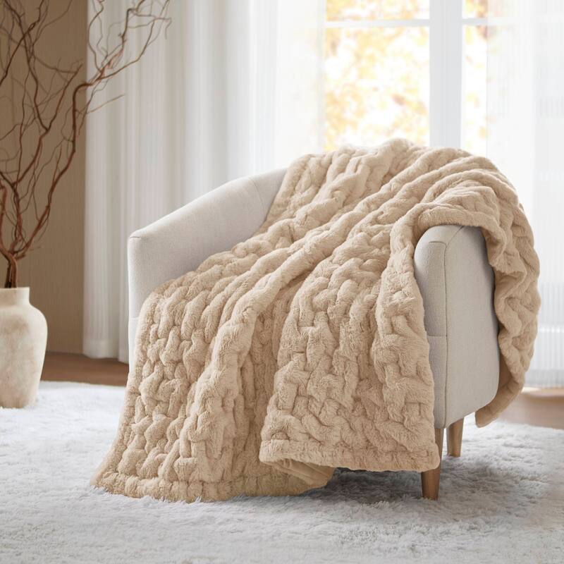 Madison Park Ruched Fur Throw - Tan