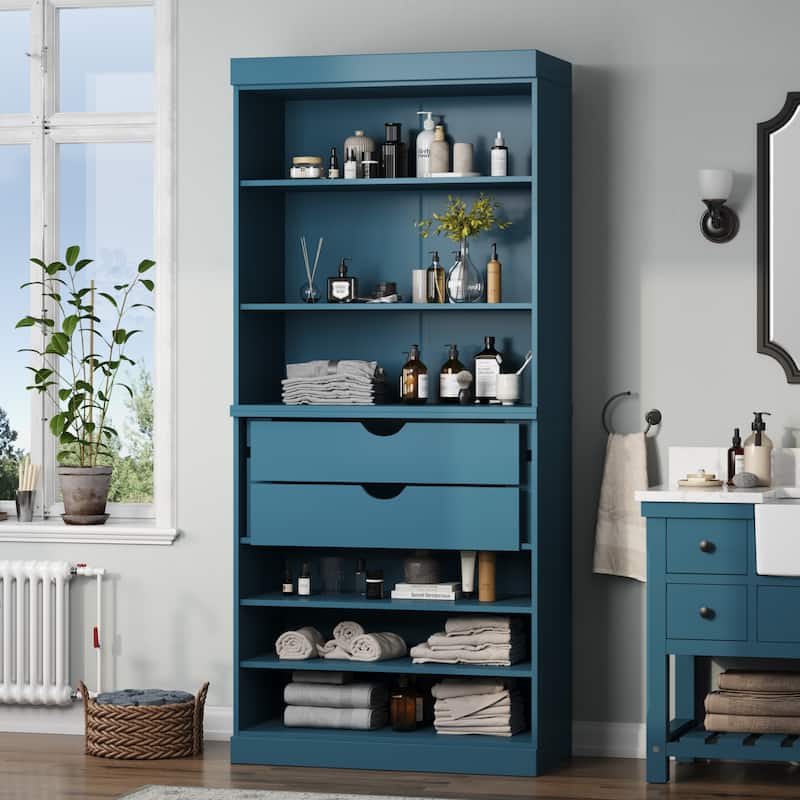 100% Solid Wood 32" Bathroom Cabinet with Optional Doors, 2-Drawers by Palace Imports - Teal Blue - No Doors