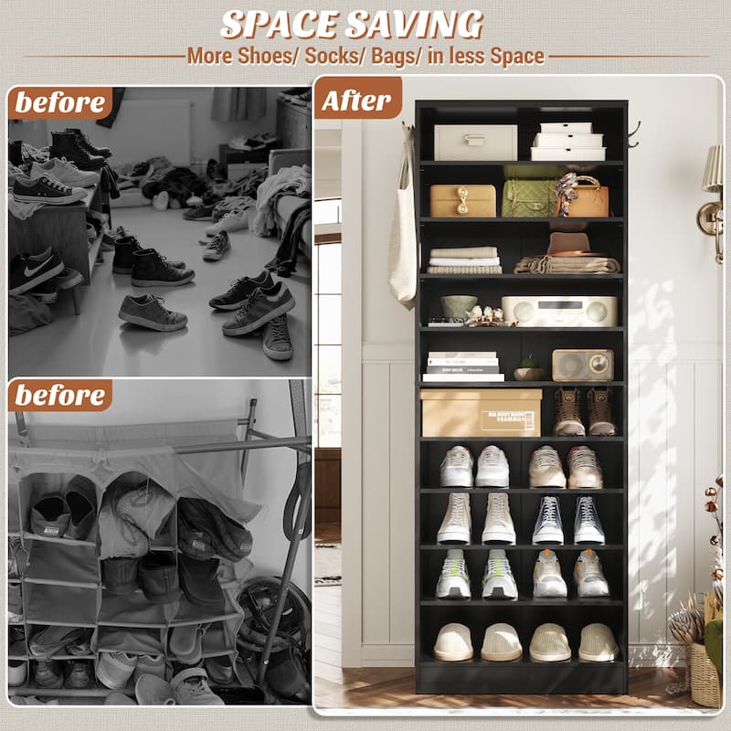 Freestanding 10-Tier Shoe Storage Cabinet,Narrow Wood Shoe Rack Shoe Organizer,Sturdy Closet Organizer Open Display Cabinet