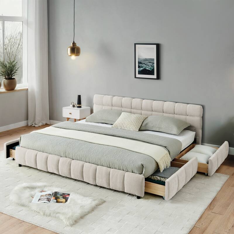 Block Thick Chenille Low Profile Platform Bed Fabric Upholstered Bedframe with Headboard Solid Wood Frame - Optional Storage Bed - Beige with Drawers - California King