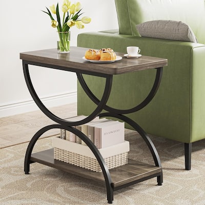 23.6"Industrial 2-Tier End Table with Metal Frame, Vintage Wood Side Table for Living Room, Nightstand Bedside Table