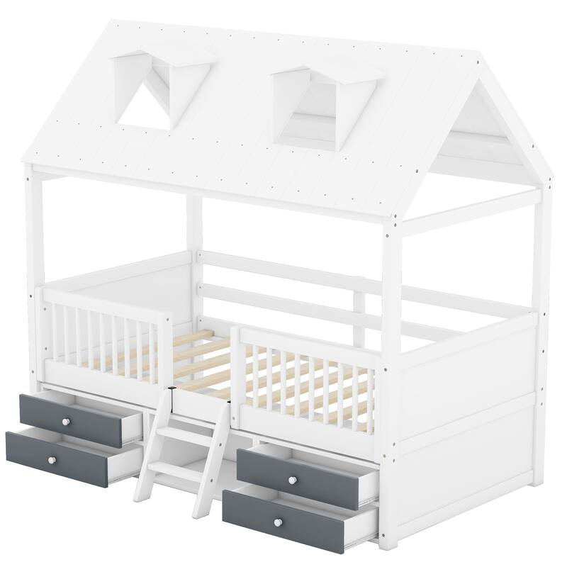Twin Size Wood Bed House Bed Frame, 77.6''L x 42.3'' W x72.9'' H
