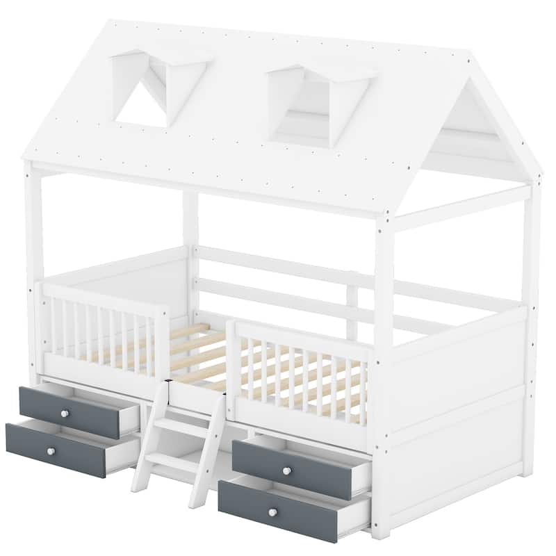 White Twin Size Wooden House Bed with Fence and Roof for Kids