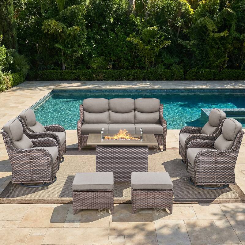 Pocassy Outdoor Fire Pit Sofa Swivel Chairs Ottoman Furniture Set - Brown Wicker Gray Cushion - 8-Piece Sofa Swivel Chair Ottoman w/ Fie Table