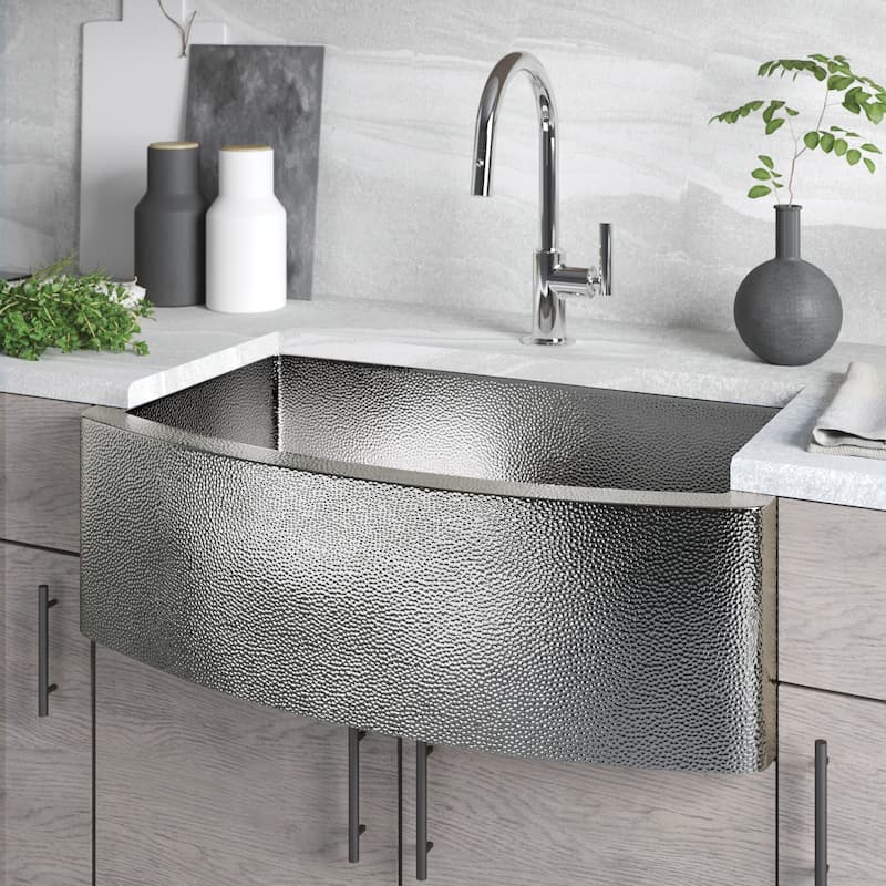 Rhapsody Hand-Hammered Copper Farmhouse Kitchen Sink - 33" x 20.5" x 10.25" - Polished Nickel