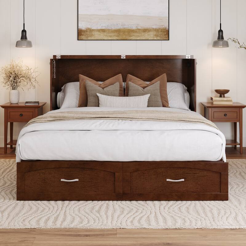 Marion Queen Murphy Bed Chest with 6" Mattress, Storage Drawer & Built-In Charger