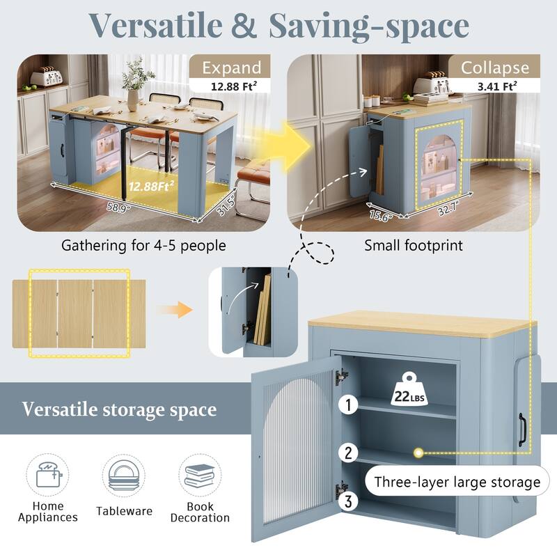 Extendable Dining Table with 3 Removable Middle Leaves,Mobile Rolling Table with Power Outlet,Saving-space Cabinet with Storage