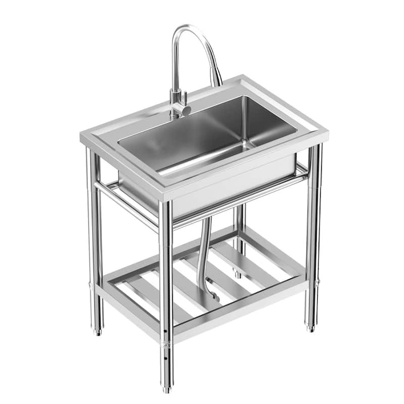 28"x20"x34" Single Bowl Stainless Steel Utility Sink with Pull-Out Faucet - Silver