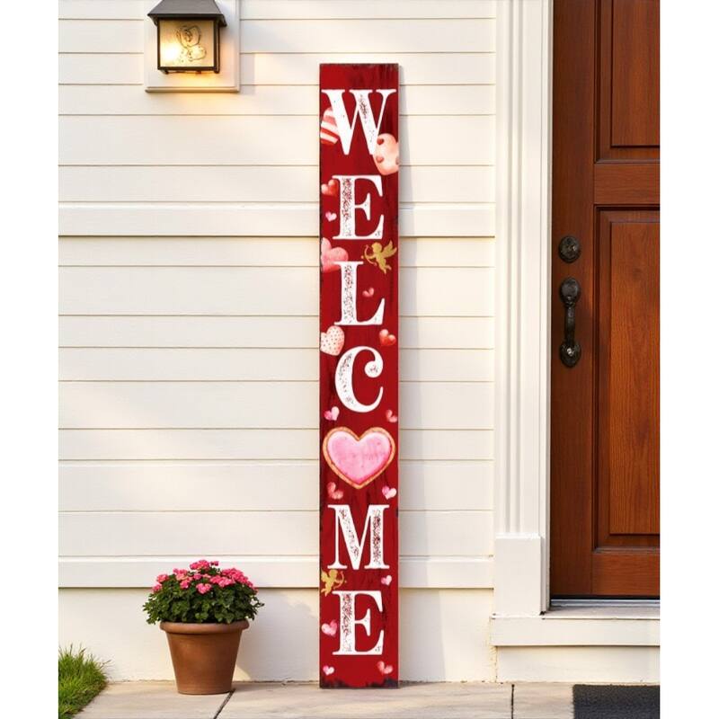 HomeRoots 72" Pink Red And White Solid Wood Welcome Valentine's Day Heart Porch Sign - White/Red/Pink - Wood
