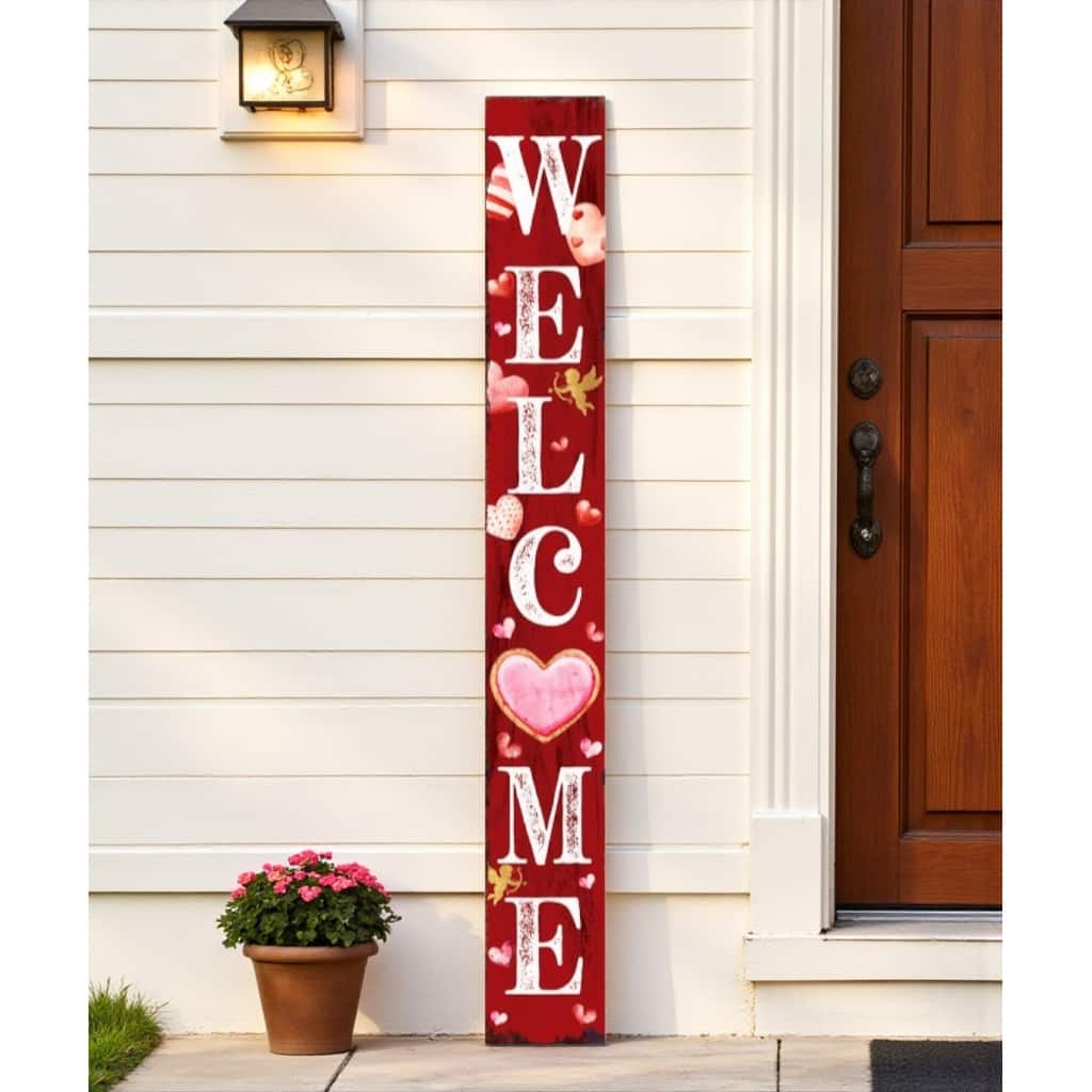 HomeRoots 72" Pink Red And White Solid Wood Welcome Valentine's Day Heart Porch Sign
