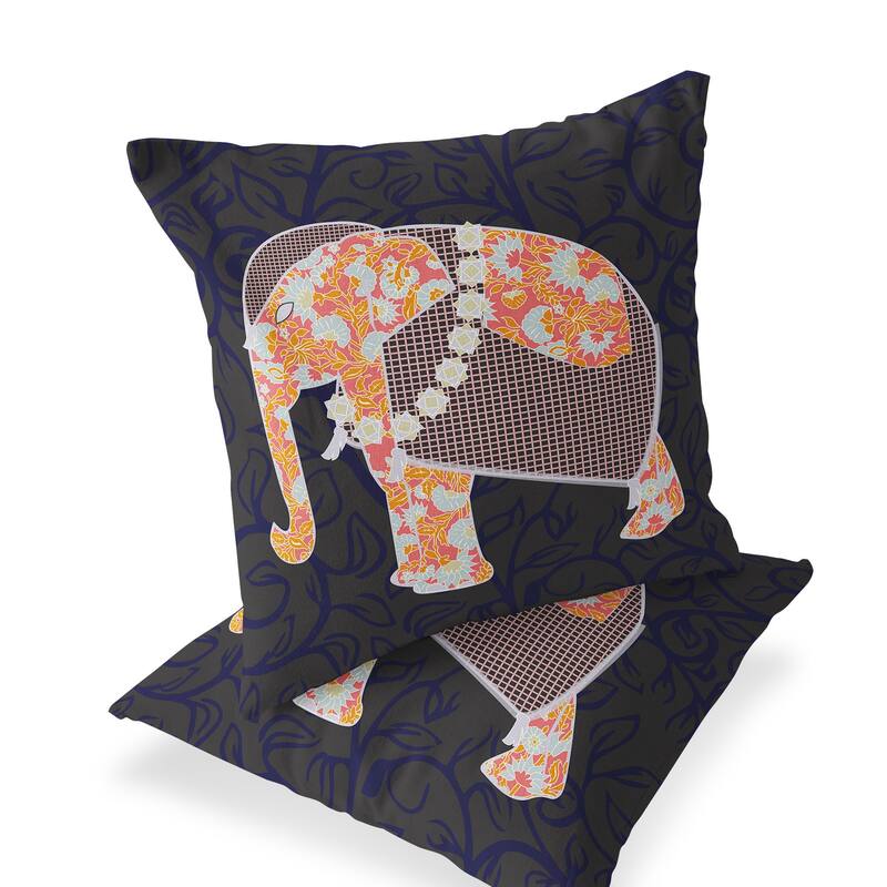 HomeRoots Set of Two 16" X 16" Blue and Green Elephant Blown Seam Floral Indoor Outdoor Throw Pillow - 16.00' X '16.00' X '5.00