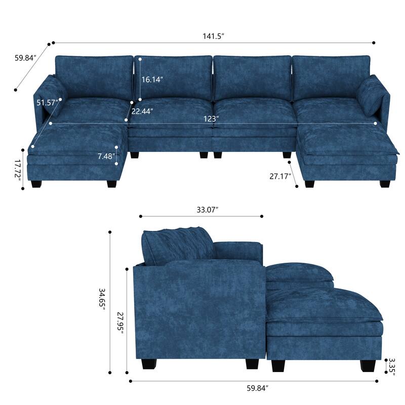 U-Shaped Sectional Sofa with Movable Ottoman, Oversized Fabric Upholstered 6 Seater Sofa, Deep Seat Sofa with Side Pockets