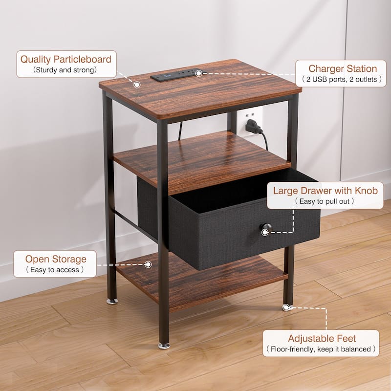 VECELO Nightstand Set with Charging Station 2 AC Outlets & 2 USB Ports 24-Inch High nightstand with Fabric Drawer 2 Open Shelves