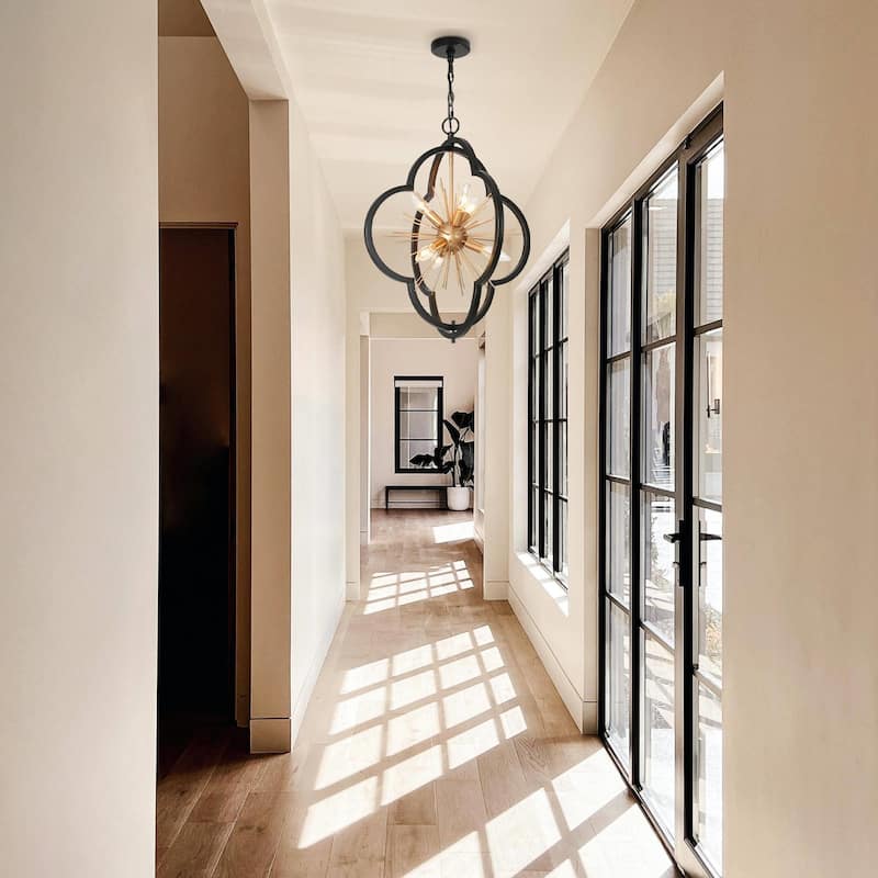 Modern Glam 6-Light Black Gold Cage Chandelier Metal Starburst Pendant Lights - 20'' D x 23.5'' H