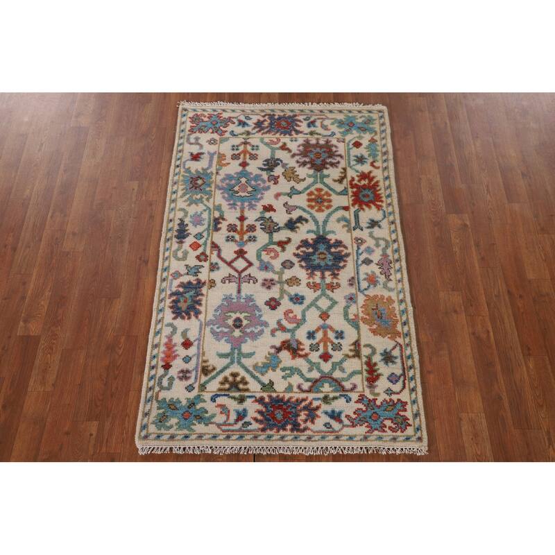Ivory Floral Oushak Oriental Accent Rug Handmade Wool Carpet - 3'1"x 4'10"