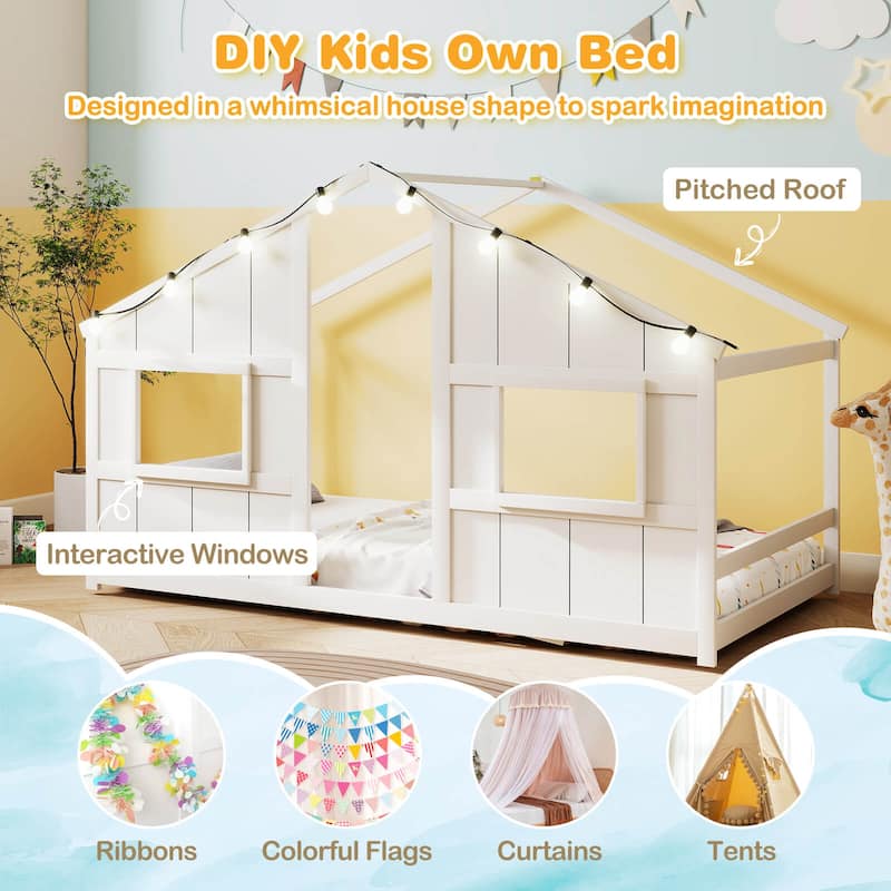 Costway Twin Size House Floor Bed with LED Lights Solid Wood Bed Frame
