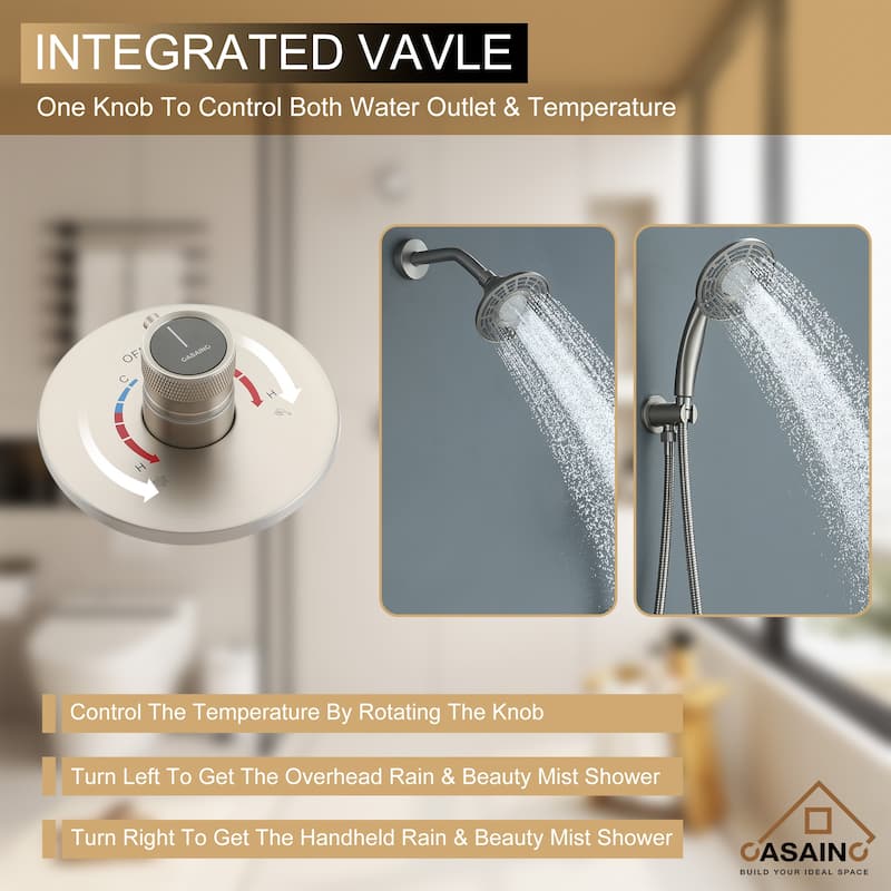 CASAINC 2-Spray 5 in. Shower Faucet Kit Wall Mounted Fixed and Handheld Dual Shower Heads 1.8 GPM - 5" x 5"