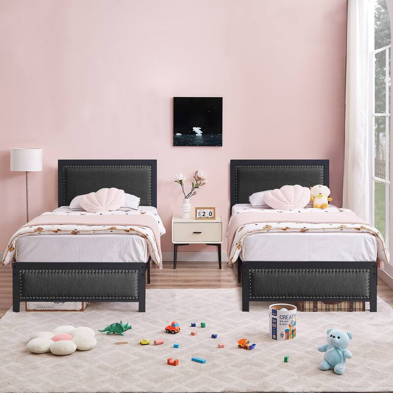 VECELO Upholstered Kids Bed with Headboard,Twin Size Bed Set of 2 - Black