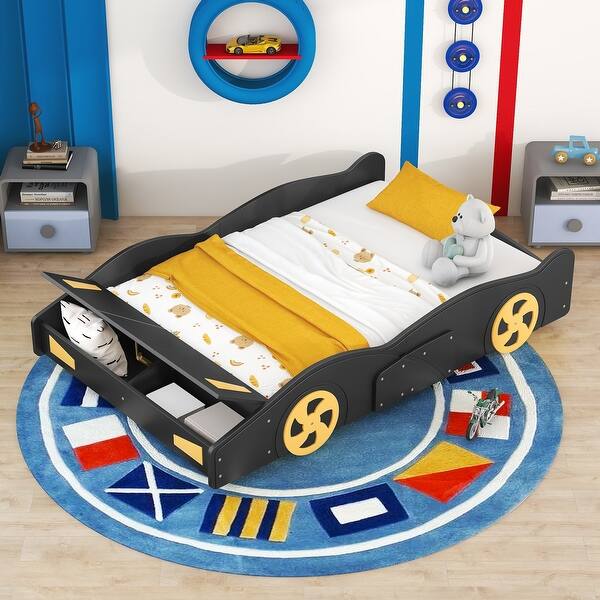 slide 2 of 3, Full Size Race Car-Shaped Platform Bed with Storage Black - Full