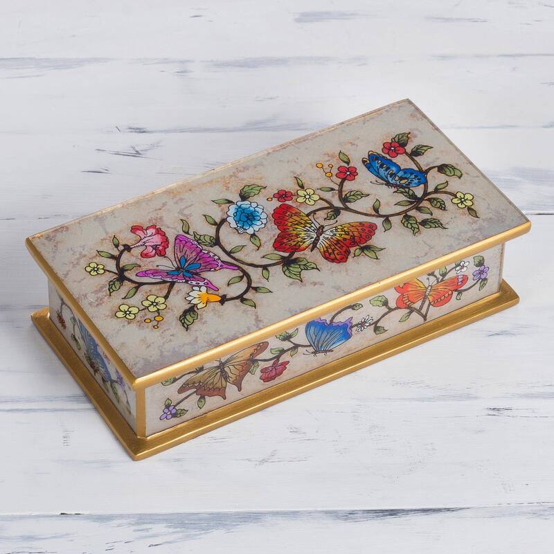 Handmade Butterfly Jubilee In Bone Reverse Painted Glass Decorative Box (Peru) - 2" H x 7.75" W x 3.9" D