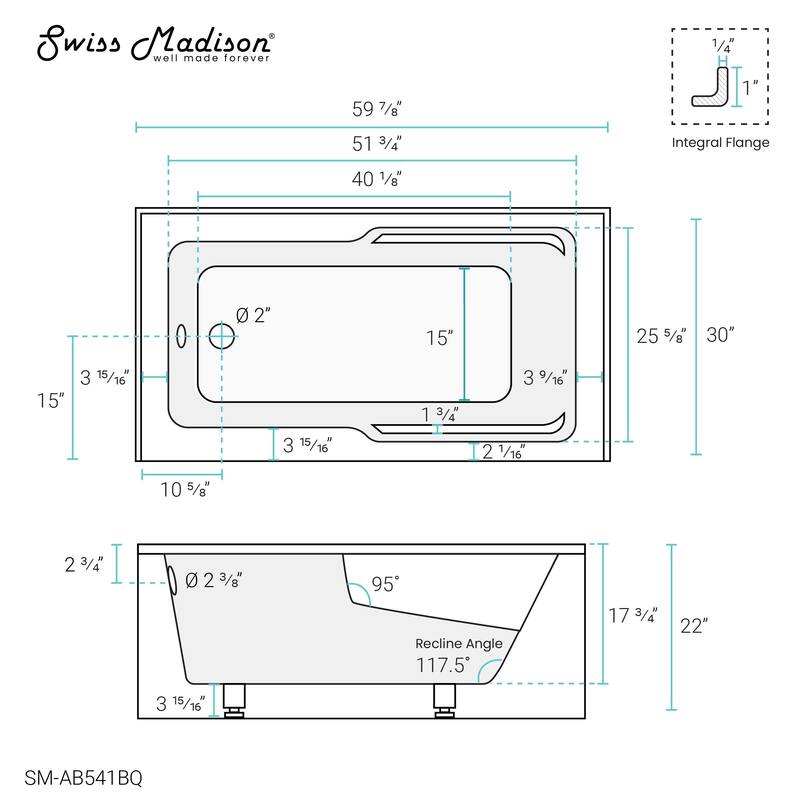 Swiss Madison Voltaire, Acrylic White, Alcove, Integral Armrest, Bathtub with Apron