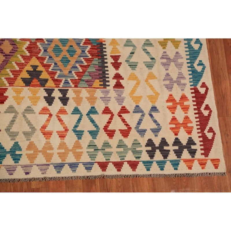 Geometric Kilim Oriental Area Rug Flatweave Wool Carpet - 8'2" x 11'5"