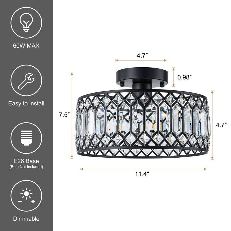 Starsky Luxury Crystal Drum Dimmable Semi Flush Mount Light