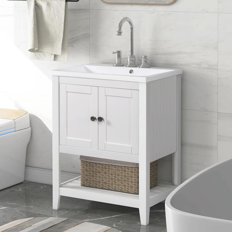 24" Bathroom Vanity with Ceramic Sink and Open Shelf - White - With sink