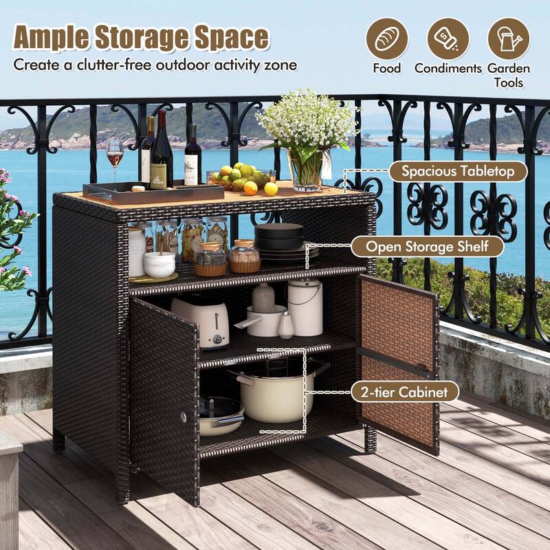 Costway Patio Rattan Storage Cabinet with Acacia Wood Countertop Open - See Details