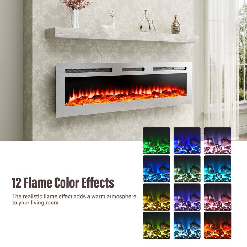 Wall Mounted & Recessed Electric Fireplace with 12 Flame Colors, Stainless Steel Electric Fireplace