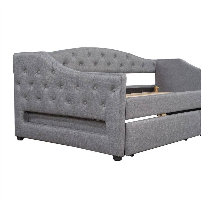 Twin XL Size Daybed with LED Belt and 2 Storage Drawers, Upholstered Daybed Frame Sofa Bed with Slats Support for Bedroom