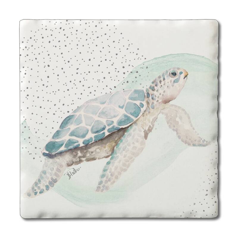 Sea Turtle 4 Pack Absorbent Stone Coasters with Cork Backing 4" Square Made in The USA Absorbent Wipes Clean - Multi