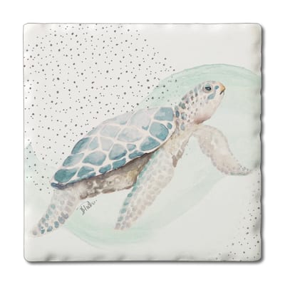 Sea Turtle 4 Pack Absorbent Stone Coasters with Cork Backing 4" Square Made in The USA Absorbent Wipes Clean