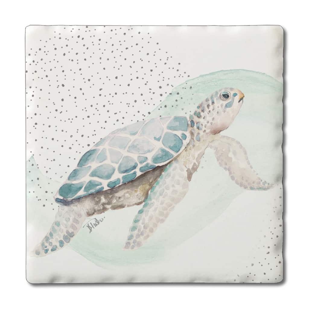 Sea Turtle 4 Pack Absorbent Stone Coasters with Cork Backing 4" Square Made in The USA Absorbent Wipes Clean