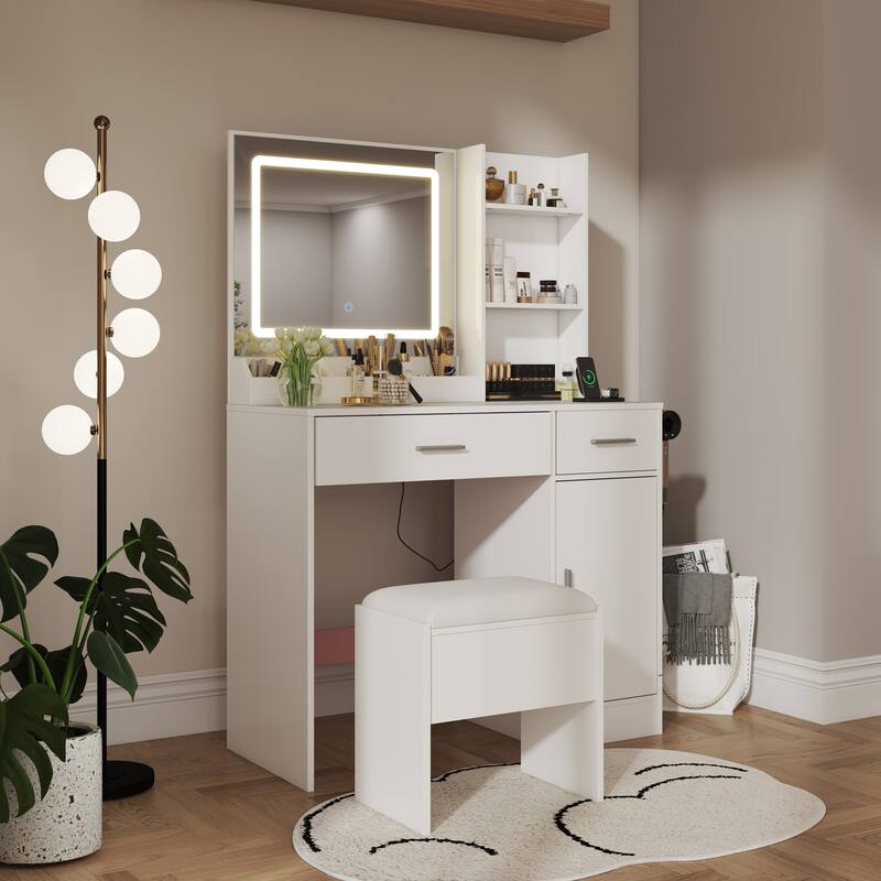 2-Piece Vanity Set with Upholstered Stool, Makeup Vanity Desk with LED Light Mirror and Charging Station