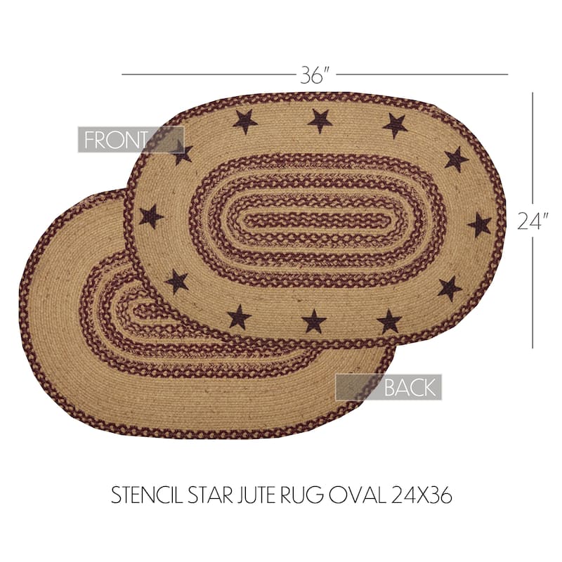 Burgundy Tan Jute Rug Oval Stencil Stars w/ Pad 24x36 - 2' x 3' Oval