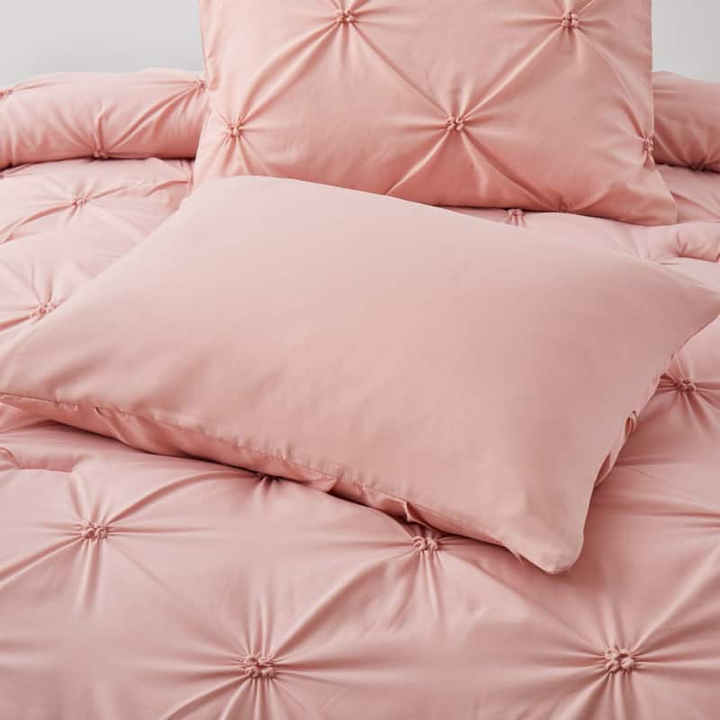 3 Piece Reversible Pintuck Pinch Pleat Comforter Set, Bedding Set for All Season