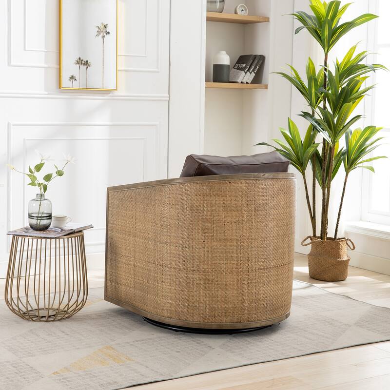 High Back 360 Degree Swivel Barrel Chairs, Leather Material Leisure Arm Chair Living Room Comfy Round Accent Sofa Chair