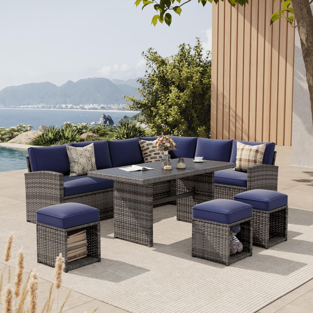 Modular Outdoor PE Wicker Sectional Dining Set with Storage Ottomans, Weather-Resistant PE Rattan Patio Furniture