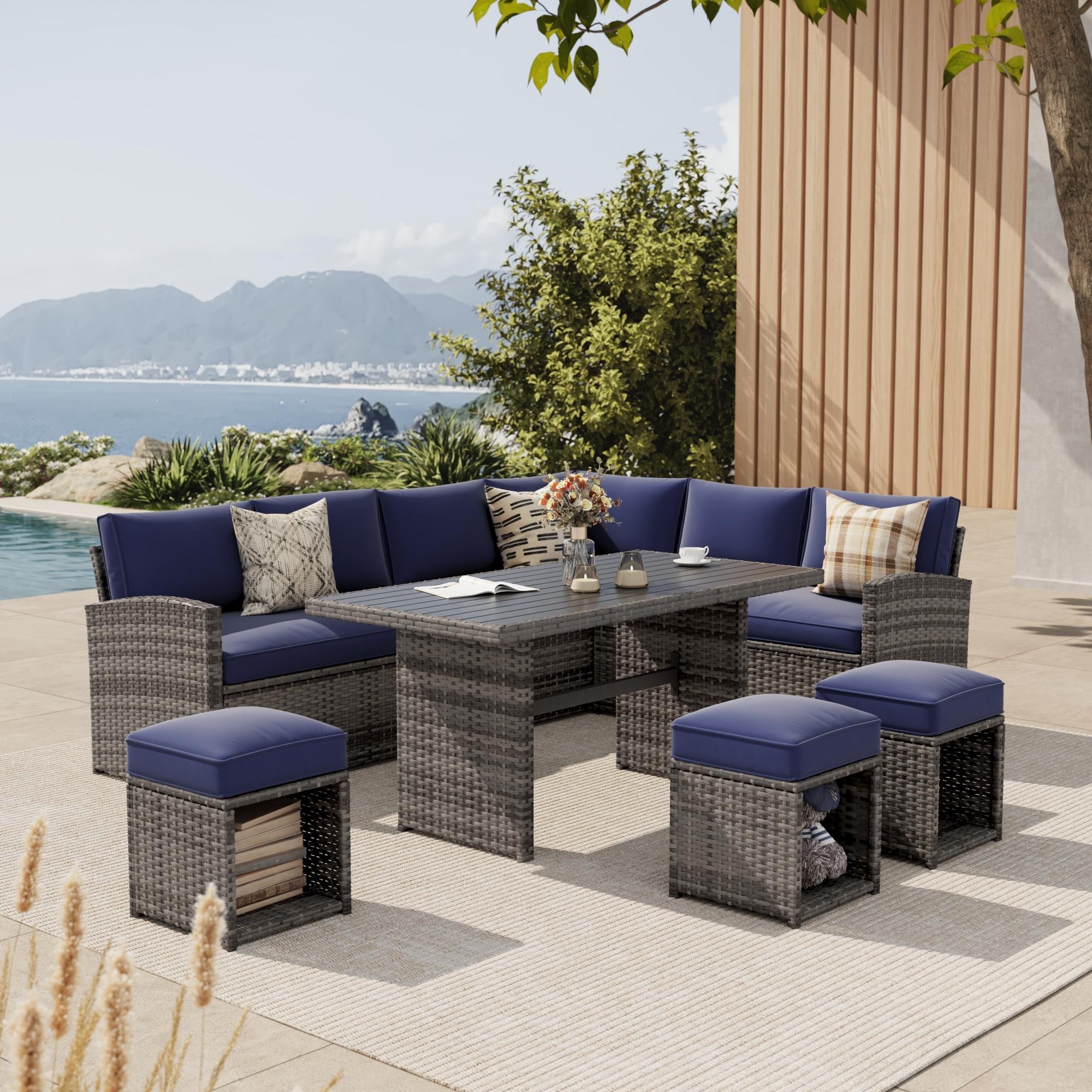 Modular Outdoor PE Wicker Sectional Dining Set with Storage Ottomans, Weather-Resistant PE Rattan Patio Furniture