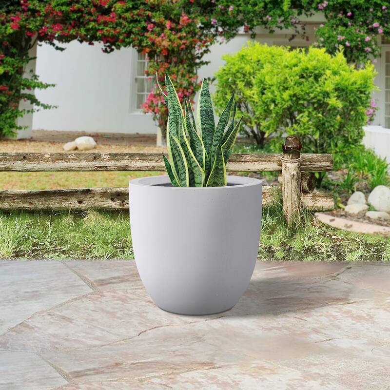 Plantara 13" D Round Solid White Concrete Modern planter, Outdoor Flower pot, Plant pot with Drainage Hole, plug for Garden