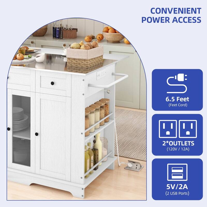 Moasis Kitchen Island with Stainless Steel Top & Power Outlet