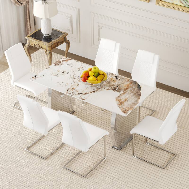 Table and chair set, Pandora Patterned Sintered Stone Dining Table Set - 6 Chairs With Metal Legs,Modern Luxury